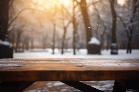 Cozy Winter Garden with Empty Wooden Table AI Generatedの素材