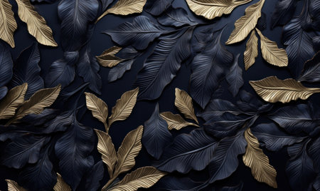 Golden Leaves on Dark Blue Background AI Generatedの素材