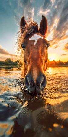 Beautiful Pony Closeup with Shiny Mane on Water Surface Generative AIの素材