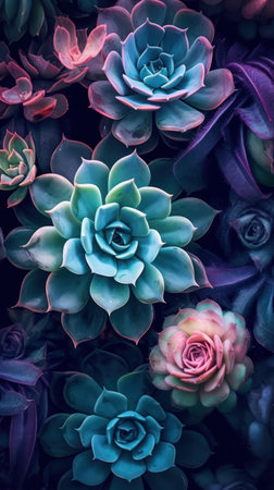 Vibrant Succulent Plants in a Dark Teal and Light Purple Garden AI Generatedの素材