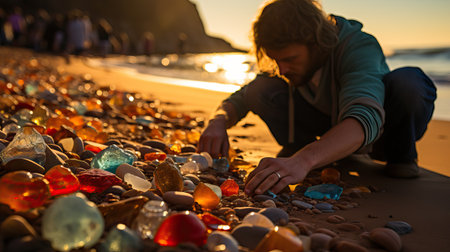 Closeup Image of Ecologist Measuring Microplastics in Beach Sand AI Generatedの素材