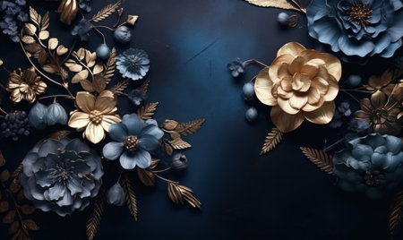 Dark Background with Gold and Blue Leaves AI Generatedの素材