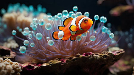 Colorful Clownfish Peeking Out from Anemone in Indonesia AI Generatedの素材