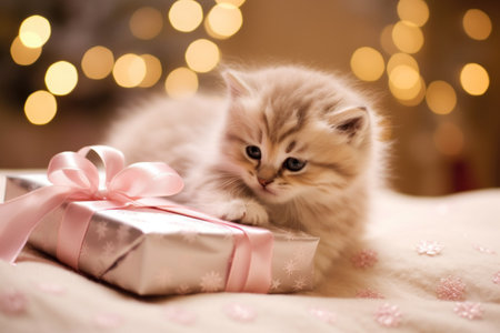Adorable Kitten Wrapped in Christmas Gift Wrapping Paper with a Bow under a Festive Christmas Treeの素材