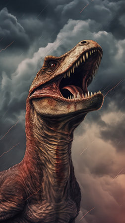 Velociraptor Ready to Strike Against Thunderous Sky AI Generatedの素材