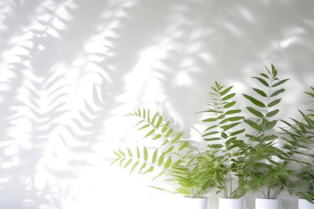 Minimalistic Abstract Background with Blurred Shadows of Leaves and Plants on White Wallの素材