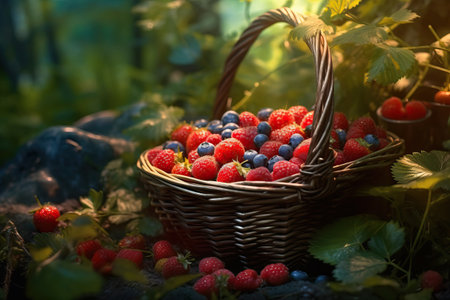 Cinematic Shot of Basket of Berries and Leaves AI Generatedの素材