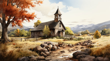 Rustic Schoolhouse at Sunrise Watercolor Illustration AI Generatedの素材