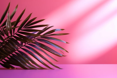 Minimalistic Abstract Background with Blurred Palm Leaf Shadows on Pink Wallの素材