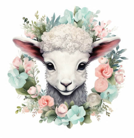 Adorable Lamb in Flower Wreath  Watercolor Illustration AI Generatedの素材
