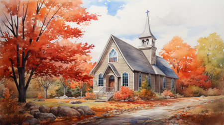 Watercolor Illustration of a Old Schoolhouse Surrounded by Autumn Leaves AI Generatedの素材