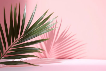 Minimalistic Abstract Background with Blurred Palm Leaf Shadows on Pink Wallの素材