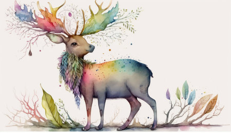 Boho Deer with Feather Headdress AI Generatedの素材