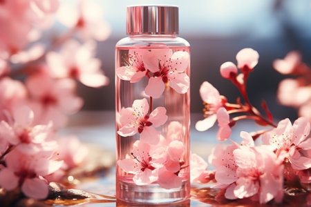 Pastelcolored Perfume Bottle on Pink Background AI Generatedの素材
