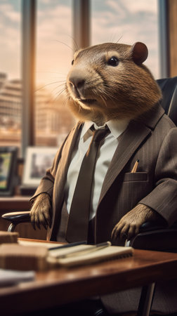 Capybara in Business Suit with Brown Accents in Riverside Office AI Generatedの素材