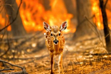 deer in the forest with a fire in the background, photo as a background, digital imageの素材