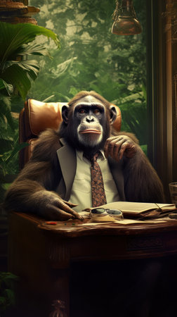 Chimpanzee in Business Suit in JungleThemed Office AI Generatedの素材
