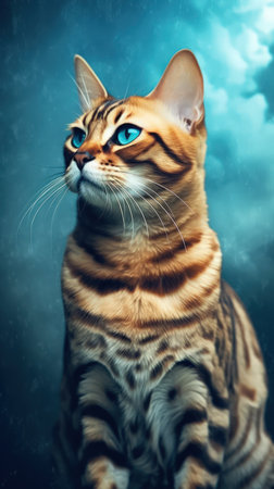 Cute Bengal Cat with Blue Eyes in Dark Beige and Sky Blue AI Generatedの素材