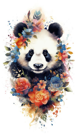 Cute Floral Panda Watercolor Illustration in Kaleidoscopic Style AI Generatedの素材