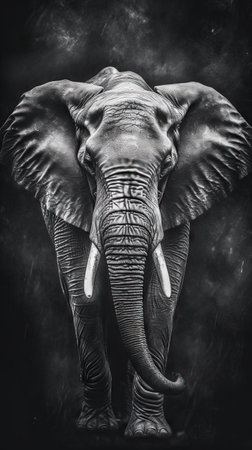 Majestic Elephant on Dark Background in Black and White Generative AIの素材