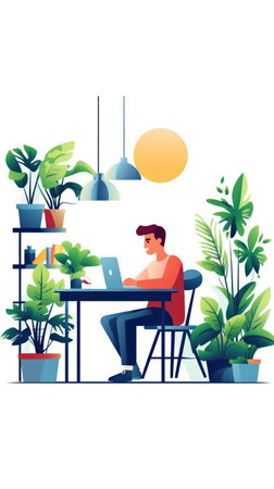Creative Workspace with a Man Working on a Computer AI Generatedの素材