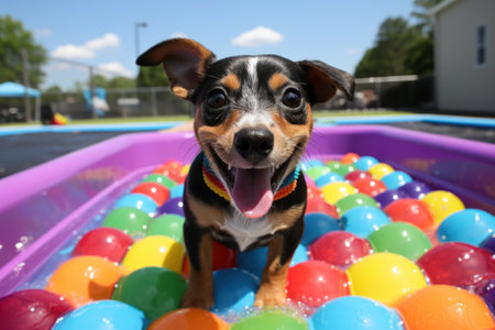 Adorable Dachshund Dog Playing with Three Children in a Swimming Pool AI Generatedの素材