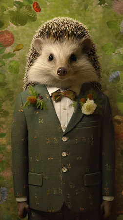 Business Hedgehog in a GardenThemed Office AI Generatedの素材