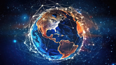 Global Telecommunications Network Around Planet Earth AI Generatedの素材
