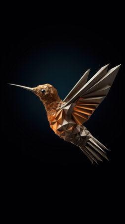 Origami Hummingbird on Dark Geometric Background Generative AIの素材