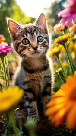 Adorable Kitten Playing in a Beautiful Garden AI Generatedの素材