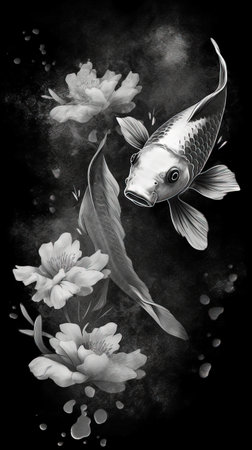 Black and White Koi Fish Swimming in Dark Waters Generative AIの素材