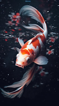 Double Exposure Koi Fish Swimming in Dark Waters Generative AIの素材