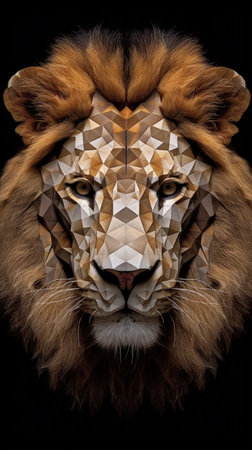 Macro Geometric Lion Face with 3D Helical Prism and Paisley Shapes AI Generatedの素材