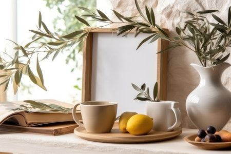Mediterranean Breakfast Still Life with Coffee Cup Books and Empty Wooden Picture Frame on Deskの素材