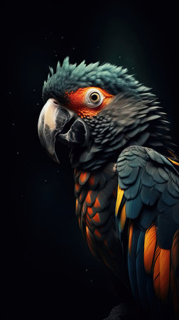 Realistic Parrot on Dark Background AI Generatedの素材