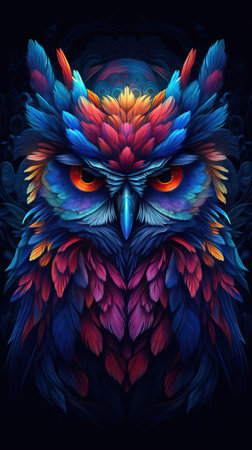 Neon Owl on Dark Background AI Generatedの素材