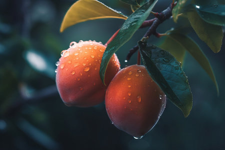 Two Peaches on a Leafy Branch A Cinematic Shot AI Generatedの素材