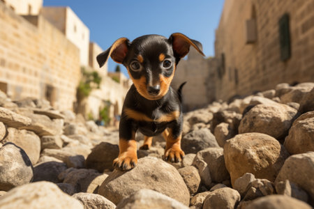 Colorful Dachshund Walking in the City AI Generatedの素材