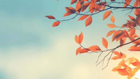 Vibrant Autumn Sunrise with Red Leaves and Tree Branches AI Generatedの素材