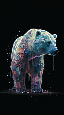 Glitched Polar Bear on Dark Background Generative AIの素材