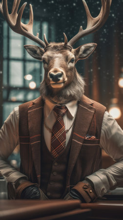 Elegant Reindeer in Business Attire in a WinterThemed Office AI Generatedの素材