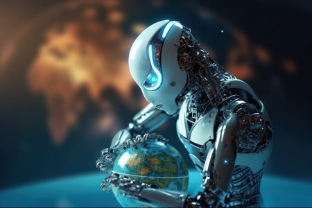 Futuristic Robot AI with Earthworld Technology for Business Industry Securityの素材