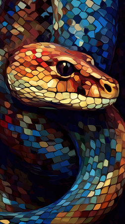 Stained Glass Snake on Dark Background Generative AIの素材