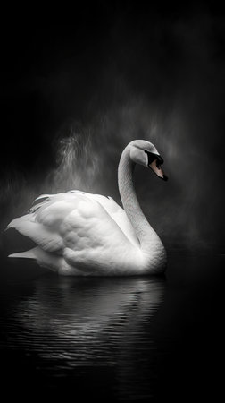 Graceful Swan on Dark Background in Black and White Generative AIの素材