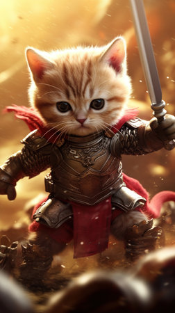 Sweet Kitten in Warrior Costume Battling Foes on Fantasy Stage AI Generatedの素材