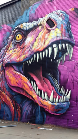 Vibrant Graffiti Artwork of a TRex Against a Dark Urban Wall AI Generatedの素材