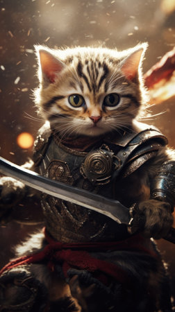 Sweet Kitten in Warrior Costume Battling Foes on Fantasy Stage AI Generatedの素材