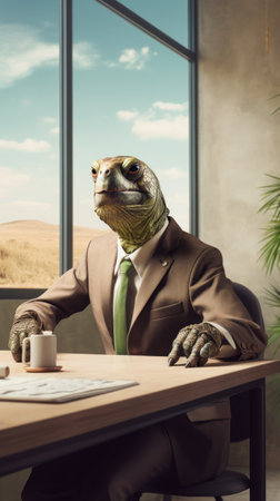 Business Attire Tortoise in a DesertThemed Office AI Generatedの素材