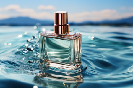 Perfume Bottle Submerged in Water with Blue and Celeste Colors AI Generatedの素材