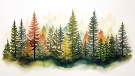 Autumn Forest Tree Watercolor Illustration with Mountain Landscape AI Generatedの素材